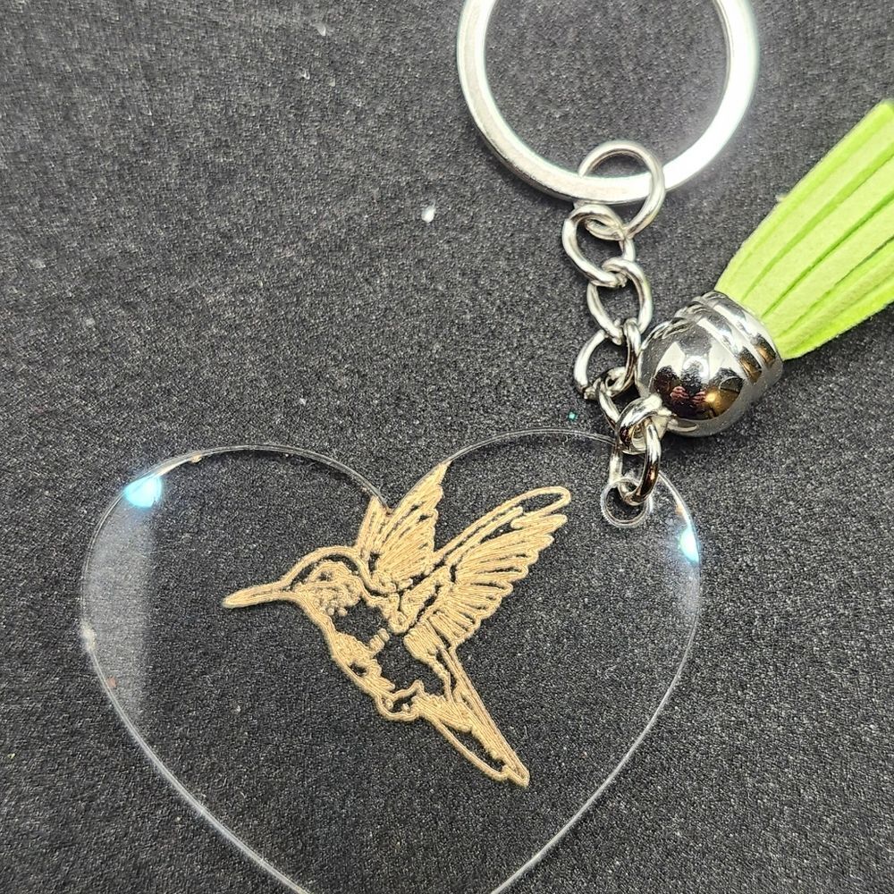 Hand Crafted Keychain Hummingbird Green Silver Bag Charm, Zipper Pull Tassel